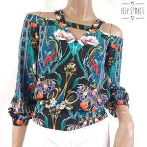 BEBE Halter Neck Off Shoulder LS Silky Floral Print Blouse Top XXS